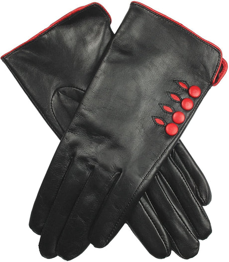 Dents Womens Leather Gloves With Button Detail Piped Cuff And Silk Feel Lining