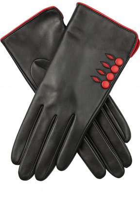 Dents Womens Leather Gloves w/ Button Detail Piped Cuff & Silk Feel Lining - Black/Berry