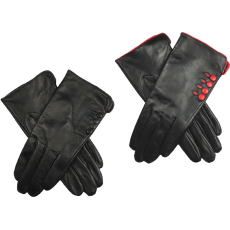 Dents Womens Leather Gloves With Button Detail Piped Cuff And Silk Feel Lining - Black/Berry