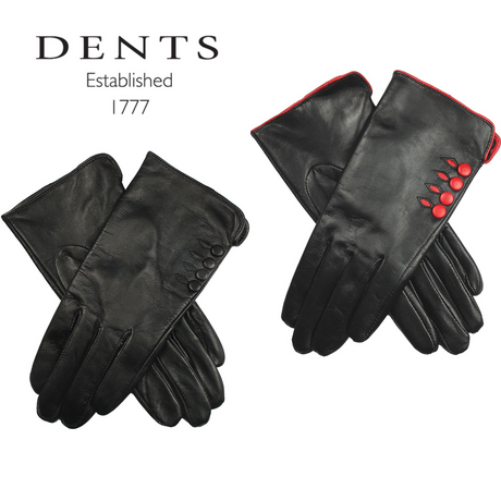 Dents Womens Leather Gloves With Button Detail Piped Cuff And Silk Feel Lining - Black