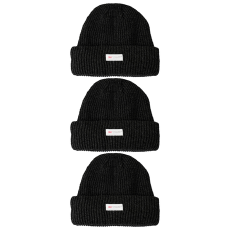 3x 3M Thinsulate Black Beanie Pack - Pull On Winter Thermal Knit Hat
