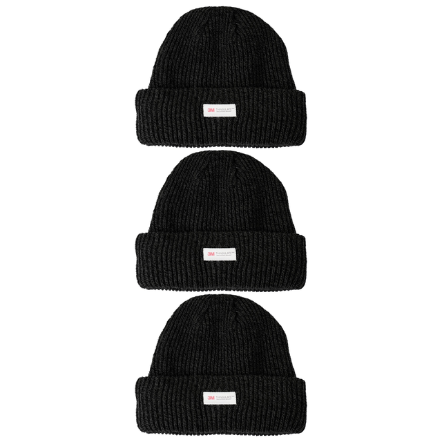3x 3M Thinsulate Black Beanie Pack - Pull On Winter Thermal Knit Hat
