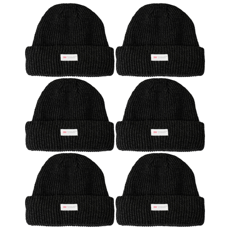 6x 3M Thinsulate Black Beanie Bulk Pack - Pull On Winter Thermal Knit Hat
