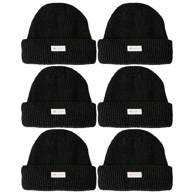 6x 3M Thinsulate Black Beanie Bulk Pack - Pull On Winter Thermal Knit Hat
