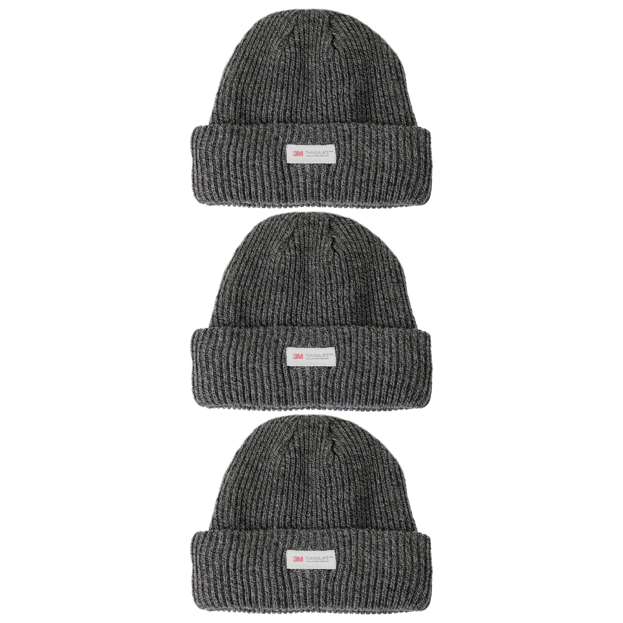 3x 3M Thinsulate Charcoal Beanie Pack - Pull On Winter Thermal Knit Hat