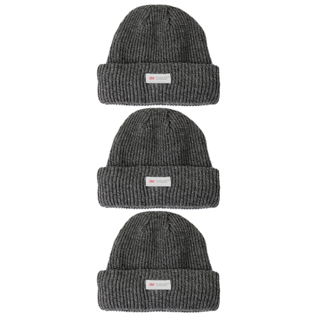 3x 3M Thinsulate Charcoal Beanie Pack - Pull On Winter Thermal Knit Hat