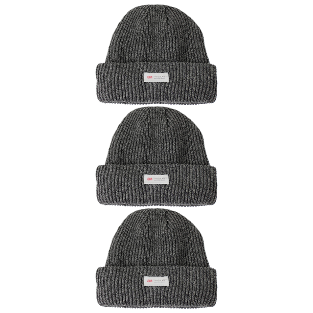 3x 3M Thinsulate Charcoal Beanie Pack - Pull On Winter Thermal Knit Hat