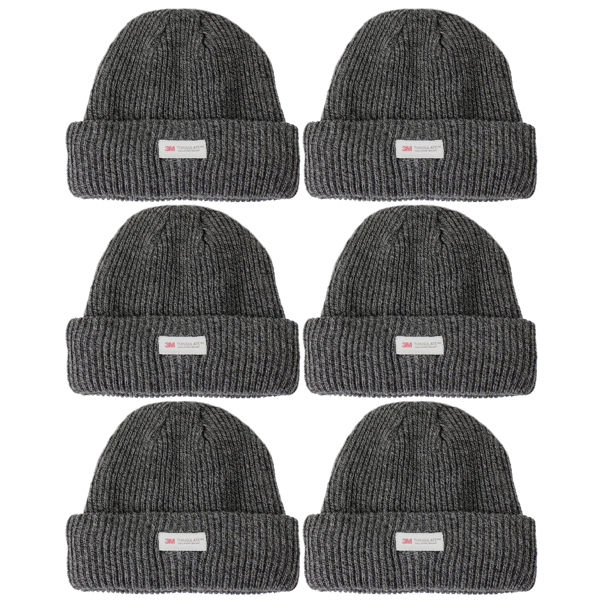 6x 3M Thinsulate Charcoal Beanie Bulk Pack - Pull On Winter Thermal Knit Hat