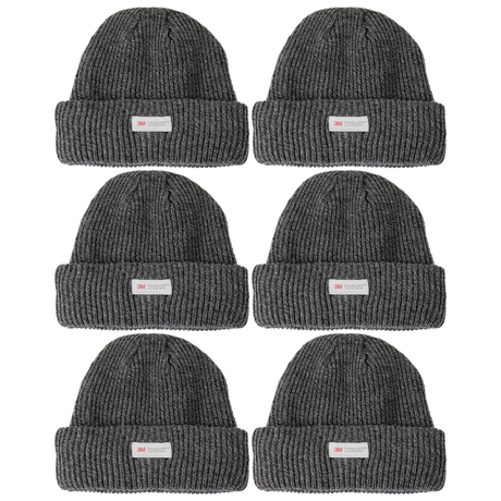 6x 3M Thinsulate Charcoal Beanie Bulk Pack - Pull On Winter Thermal Knit Hat