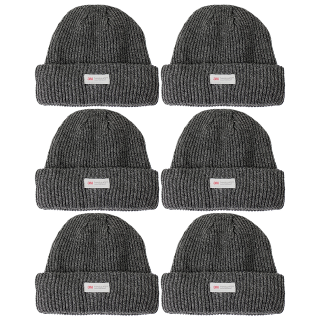 6x 3M Thinsulate Charcoal Beanie Bulk Pack - Pull On Winter Thermal Knit Hat