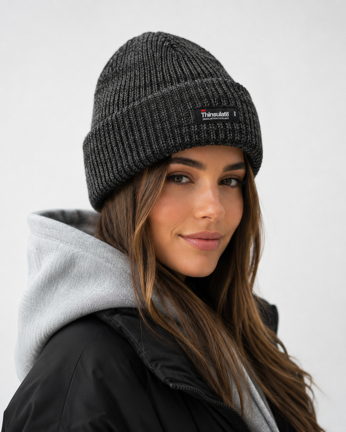3M Thinsulate Charcoal Black Beanie - Pull On Winter Thermal Knit Hat