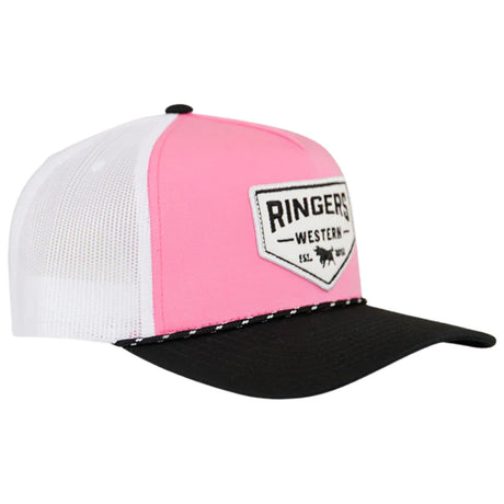 Ringers Western Garage Trucker Cap Mid Profile Mesh Back Snapback in Melon/Black
