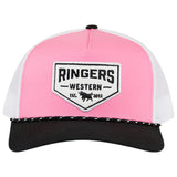 Ringers Western Garage Trucker Cap Mid Profile Mesh Back Snapback in Melon/Black