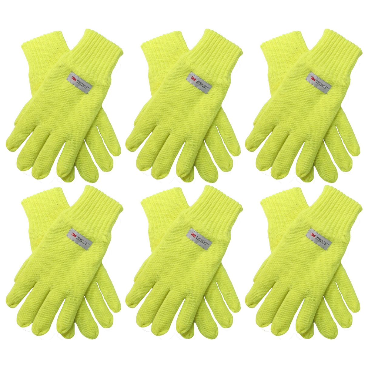 6x Dents 3M Thinsulate Fluro Yellow Gloves Bulk Pack - Hi Vis Knitted Winter Snow/Ski Fleece Gloves