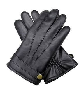 Dents Mens Wool Knit Lined Leather Gloves with Strap and Stud - Black