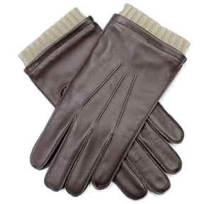 Dents Mens Leather Gloves With 3 Point Stitch and Rib Contrast Cuff - Brown