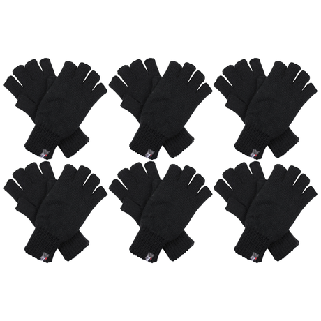 6x Dents 3M Thinsulate Black Fingerless Gloves Bulk Pack - Knitted Insulation Polar Fleece