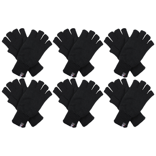 6x Dents 3M Thinsulate Black Fingerless Gloves Bulk Pack - Knitted Insulation Polar Fleece