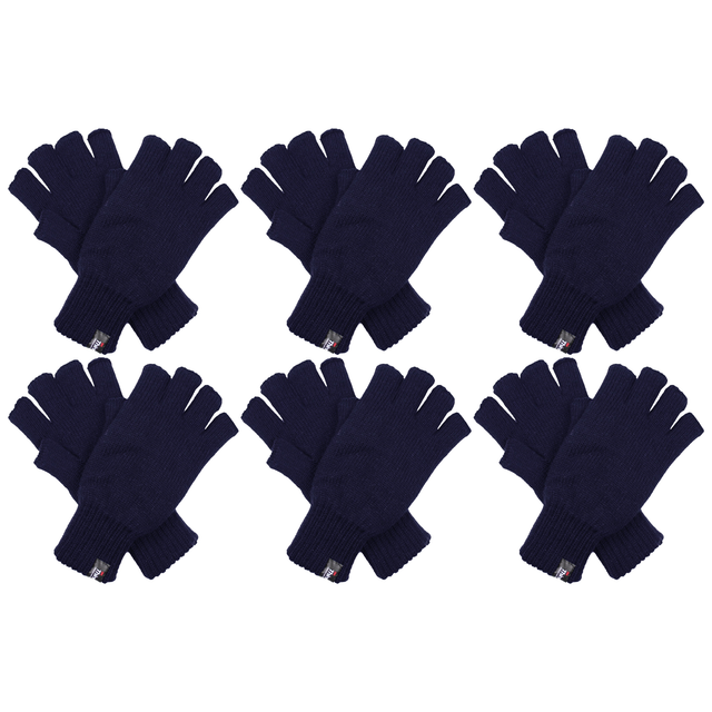 6x Dents 3M Thinsulate Navy Fingerless Gloves Bulk Pack - Knitted Insulation Polar Fleece