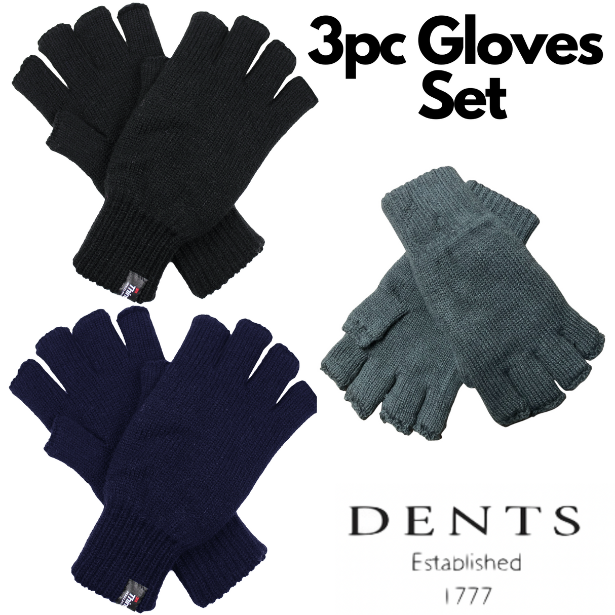 3x Dents Mens Thinsulate Knitted Fingerless Gloves Bulk Pack (Soft Warm Insulation for Winter)