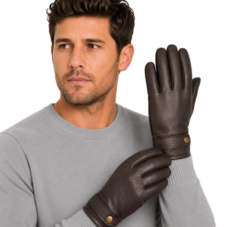 Dents Mens Premium Kangaroo Leather Strap & Stud Winter Gloves - Brown