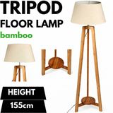 155cm Bamboo Wooden Tripod Floor Lamp with Beige Linen Light Shade