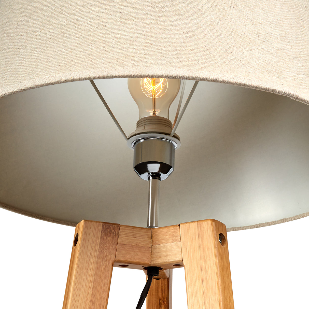 155cm Bamboo Wooden Tripod Floor Lamp with Beige Linen Light Shade