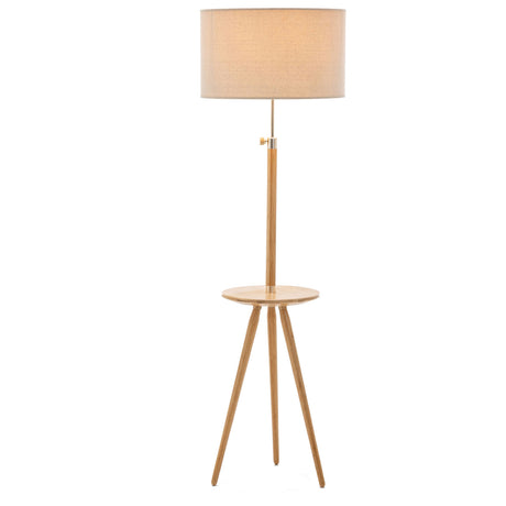 165cm Adjustable Bamboo Tripod Floor Lamp with Linen Shade & Built-In Table