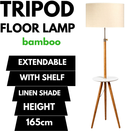 165cm Adjustable Bamboo Tripod Floor Lamp Light with Linen Shade & Built-In Table