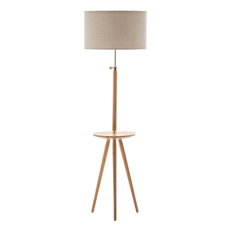 165cm Adjustable Bamboo Tripod Floor Lamp with Linen Shade & Built-In Table