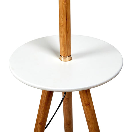 165cm Adjustable Bamboo Tripod Floor Lamp Light with Linen Shade & Built-In Table