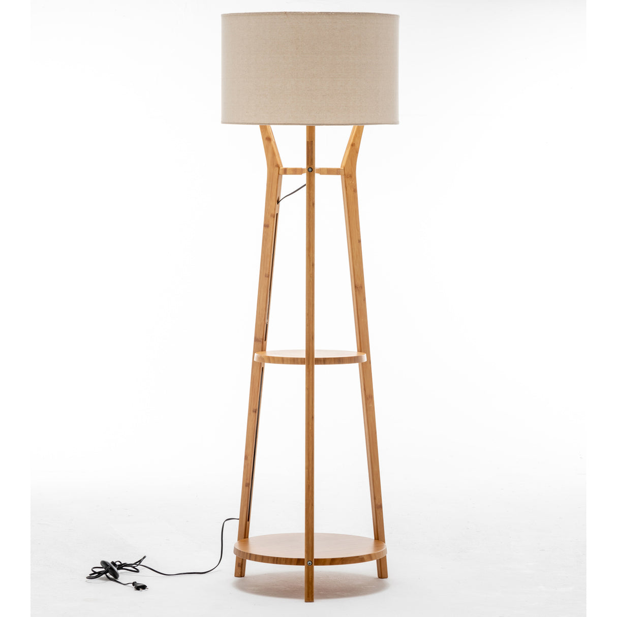 168cm Large Bamboo Wooden Tripod Floor Lamp with Modern Linen Shade & Shelves