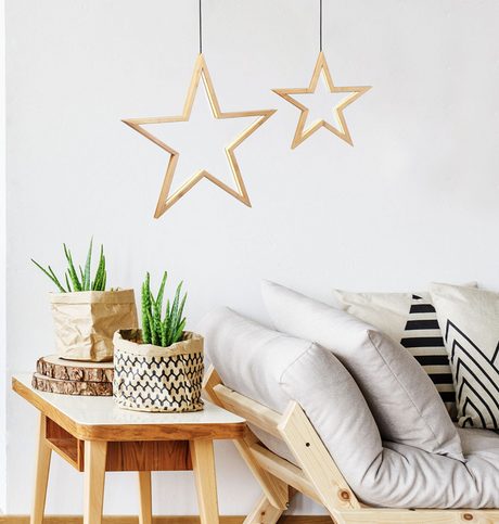 2x Small Bamboo Star Ceiling Light - LED Hanging Lamp - Natural Decor