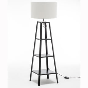 Eiffel 3 Tier Natural Wood Black Floor Lamp w/ Storage Shelves + Off White Linen Shade