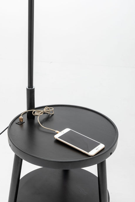 Naples Tripod Floor Lamp Shelf Storage Drawer Bed Side Table Light w/ USB Charger - Matte Black