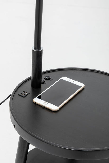 Naples Tripod Floor Lamp Shelf Storage Drawer Bed Side Table Light w/ USB Charger - Matte Black
