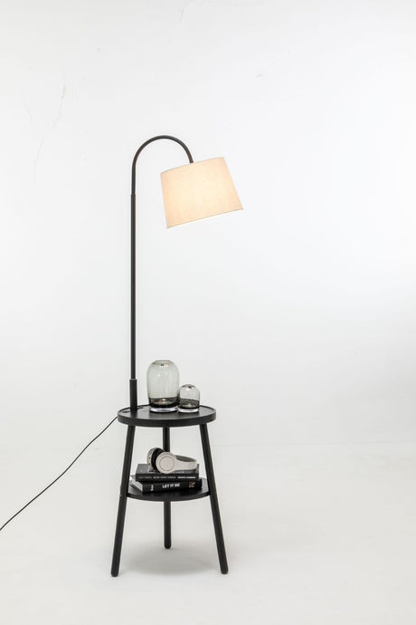 Naples Tripod Floor Lamp Shelf Storage Drawer Bed Side Table Light w/ USB Charger - Matte Black
