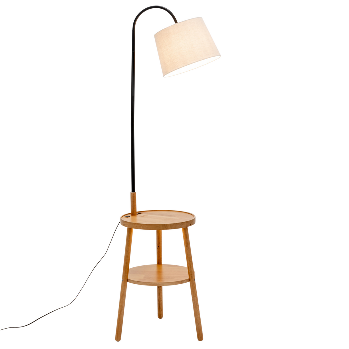 174cm Naples Tripod Floor Lamp & Shelf Storage w/ USB Charger - Natural Wood