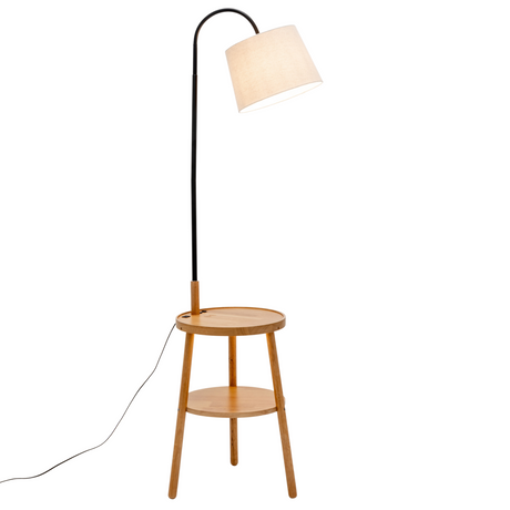Naples Tripod Floor Lamp Shelf Storage Drawer Bed Side Table Light w/ USB Charger - Natural Wood