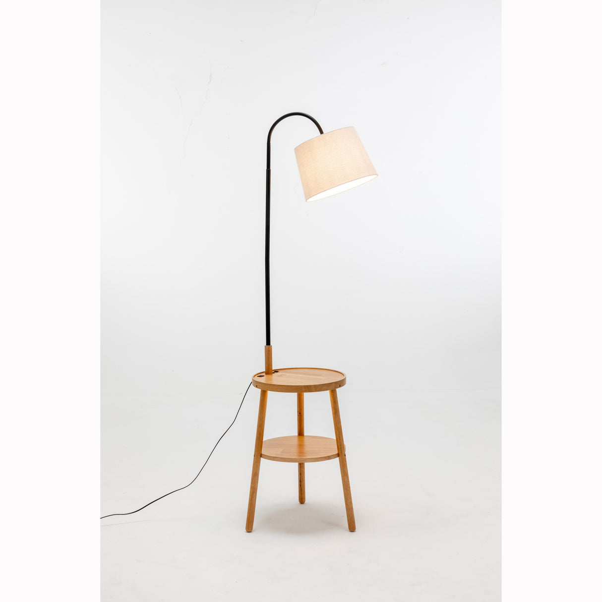 174cm Naples Tripod Floor Lamp & Shelf Storage w/ USB Charger - Natural Wood