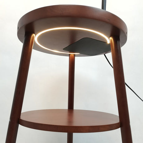 Naples Tripod Floor Lamp Shelf Storage Drawer Bed Side Table Light w/ USB Charger - Cherry