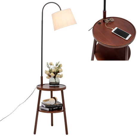 Naples Tripod Floor Lamp Shelf Storage Drawer Bed Side Table Light w/ USB Charger - Cherry