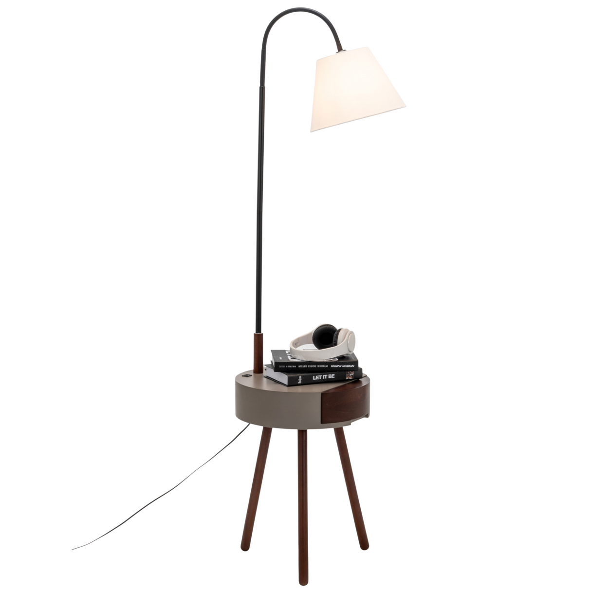 170cm Florence Wooden Tripod Lamp & Shelf/Table Storage w/ USB Charger - Grey