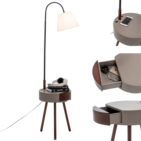 Florence Tripod Lamp Shelf Storage Drawer Bed Side Table Light w/ USB Charger - Grey