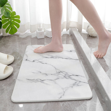 Hard Diatomite Stone Bath/Shower Mat - Quick Dry & Anti-Slip - Off White Marble Print (60x39cm)