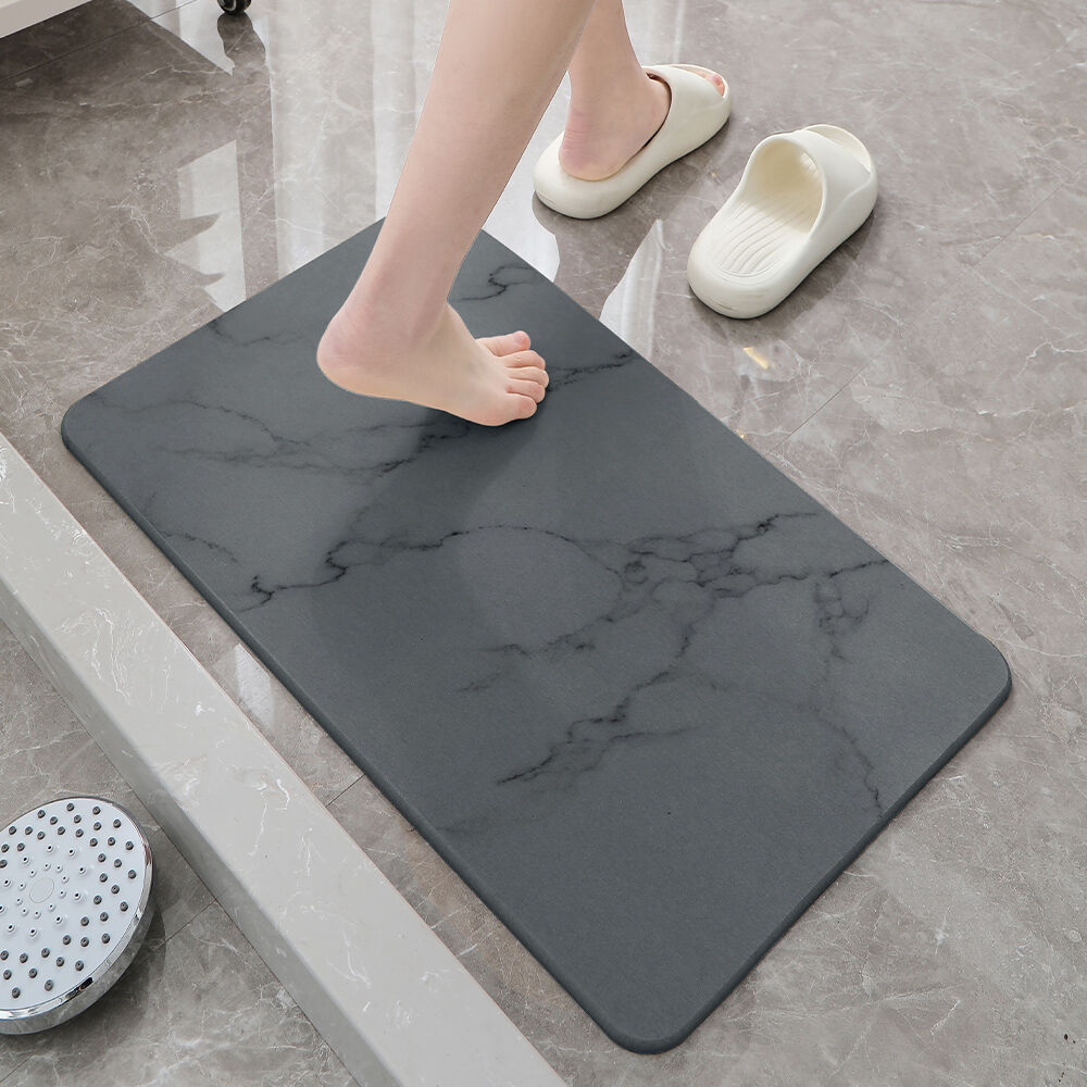 Hard Diatomite Stone Bath/Shower Mat - Quick Dry & Anti-Slip - Dark Grey Marble Print (60x39cm)