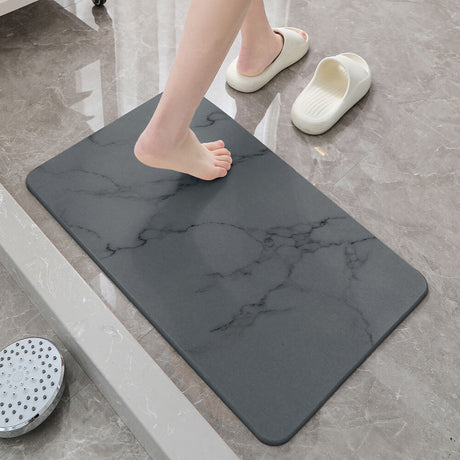 Hard Diatomite Stone Bath/Shower Mat - Quick Dry & Anti-Slip - Dark Grey Marble Print (60x39cm)