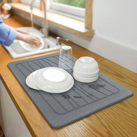 Hard Diatomite Stone Kitchen Dish Counter Top Drying Mat - Dark Grey Lines (40x30cm)