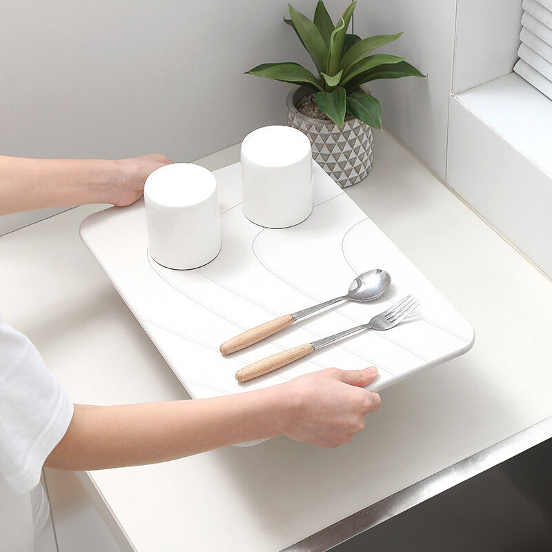 Hard Diatomite Stone Kitchen Dish Counter Top Drying Mat - Off White Lines (40x30cm)