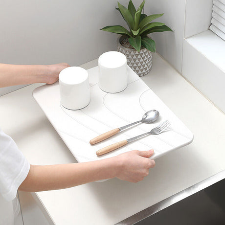 Hard Diatomite Stone Kitchen Dish Counter Top Drying Mat - Off White Lines (40x30cm)